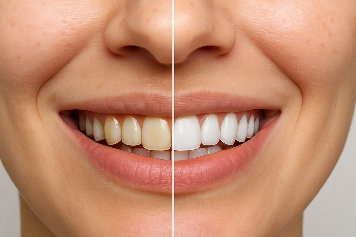A split image showcasing a before and after smile transformation, highlighting the effects of cosmetic dentistry. The "before" side shows teeth with discoloration and minor imperfections, while the "after" side presents a bright, aligned, and aesthetically pleasing smile. No text on image.