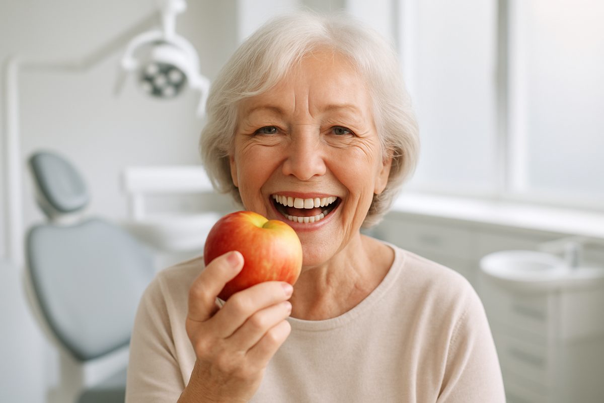 Photo of a smiling senior woman with natural-looking dentures, confidently eating an apple. The background is a bright, modern dental office. No text on the image.
