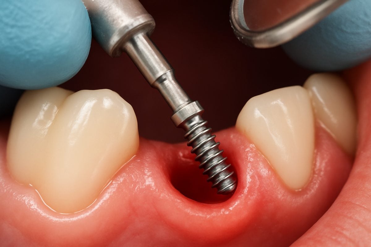 Close up of a dental implant screw being placed into a patients gums by a dentist. No text on image.