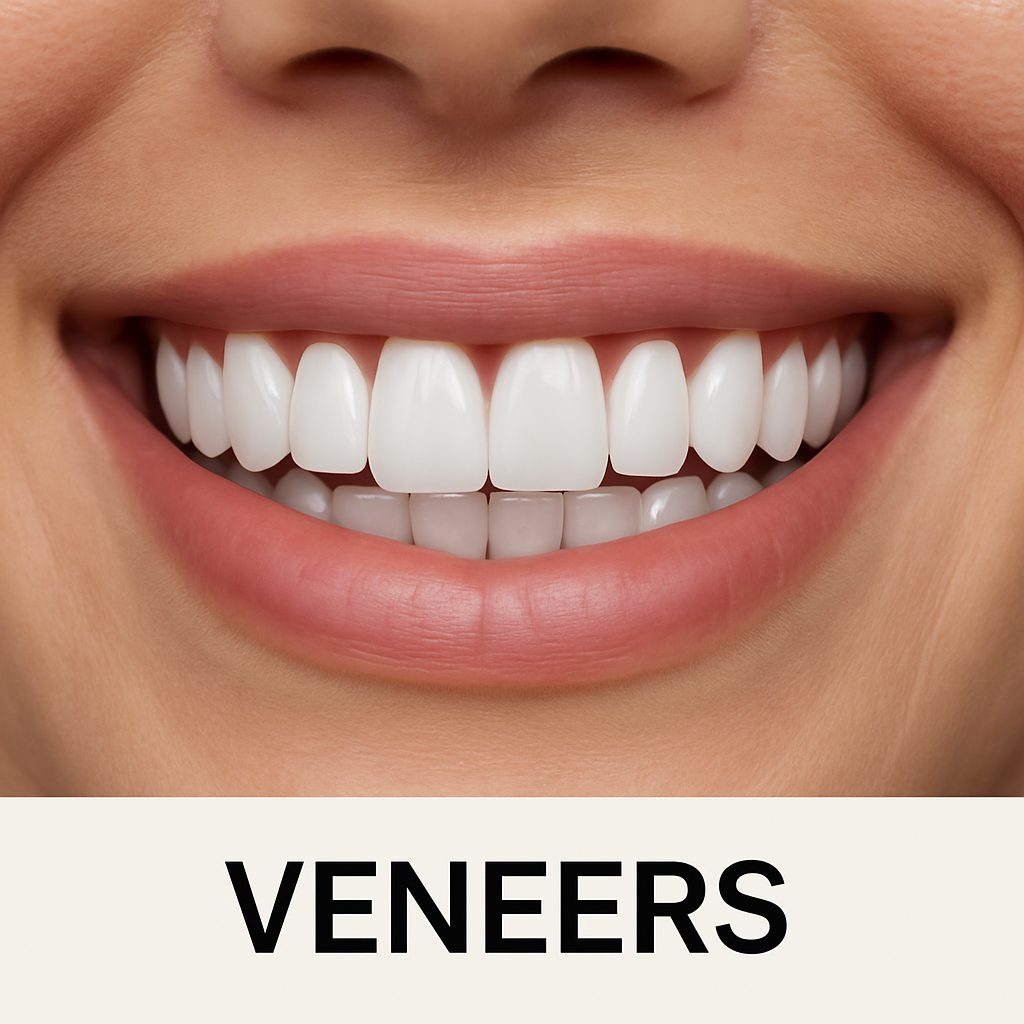 A dentist is carefully placing a thin porcelain veneer on a patient's tooth, with dental tools and bright lighting in the background. The image focuses on the precision and artistry involved in "veneers installation". No text on image.