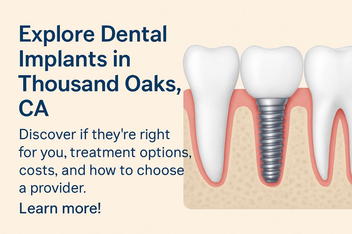 A dentist in Thousand Oaks, CA is consulting with a patient about the benefits of dental implants, using a 3D model to show how the implant integrates with the jawbone. No text on image.