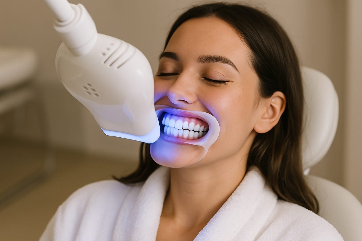 A dentist smiling while performing a teeth whitening treatment on a patient. The text overlayed on the image says "Teeth Whitening in Thousand Oaks, CA".
