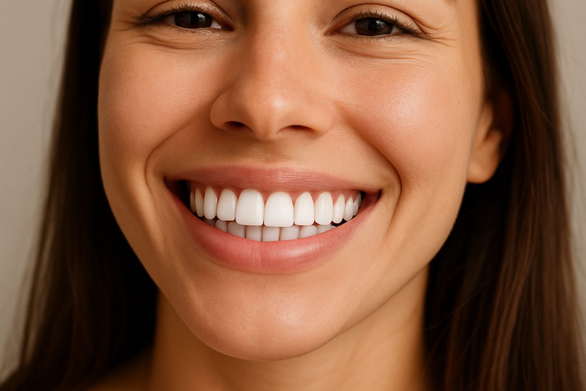Close up of a person smiling, showing off their perfect white teeth after receiving porcelain veneers. No text on the image.