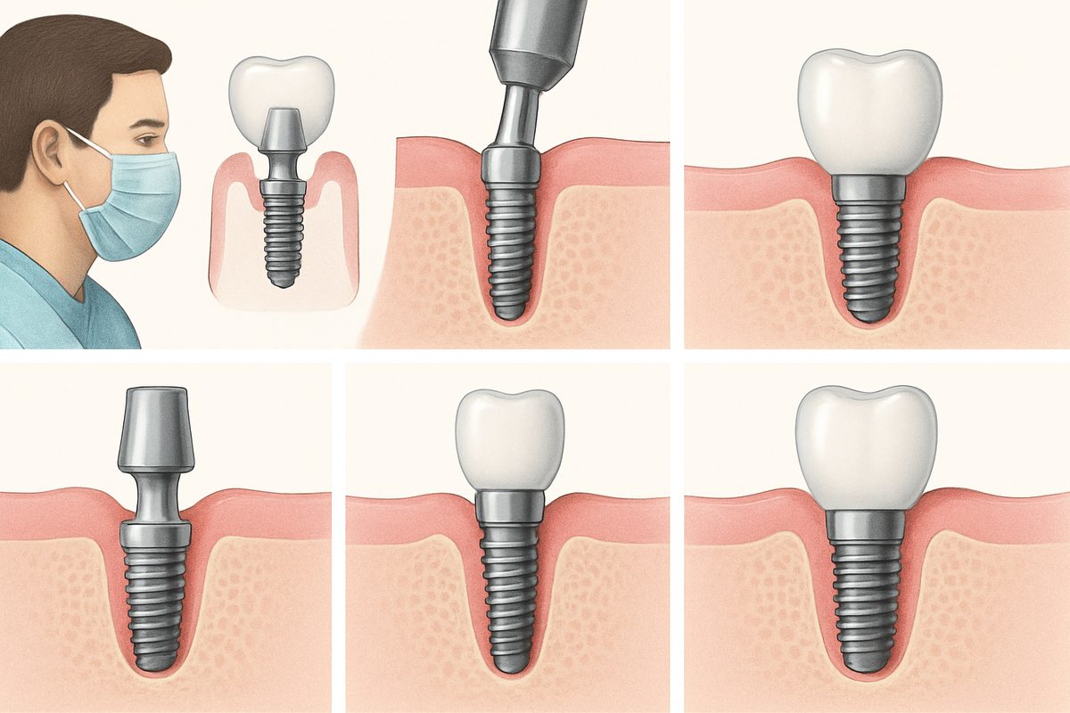 Image showcasing the 5 steps in implant placement, including consultation, surgical placement, healing, abutment placement and restoration. No text on the image.